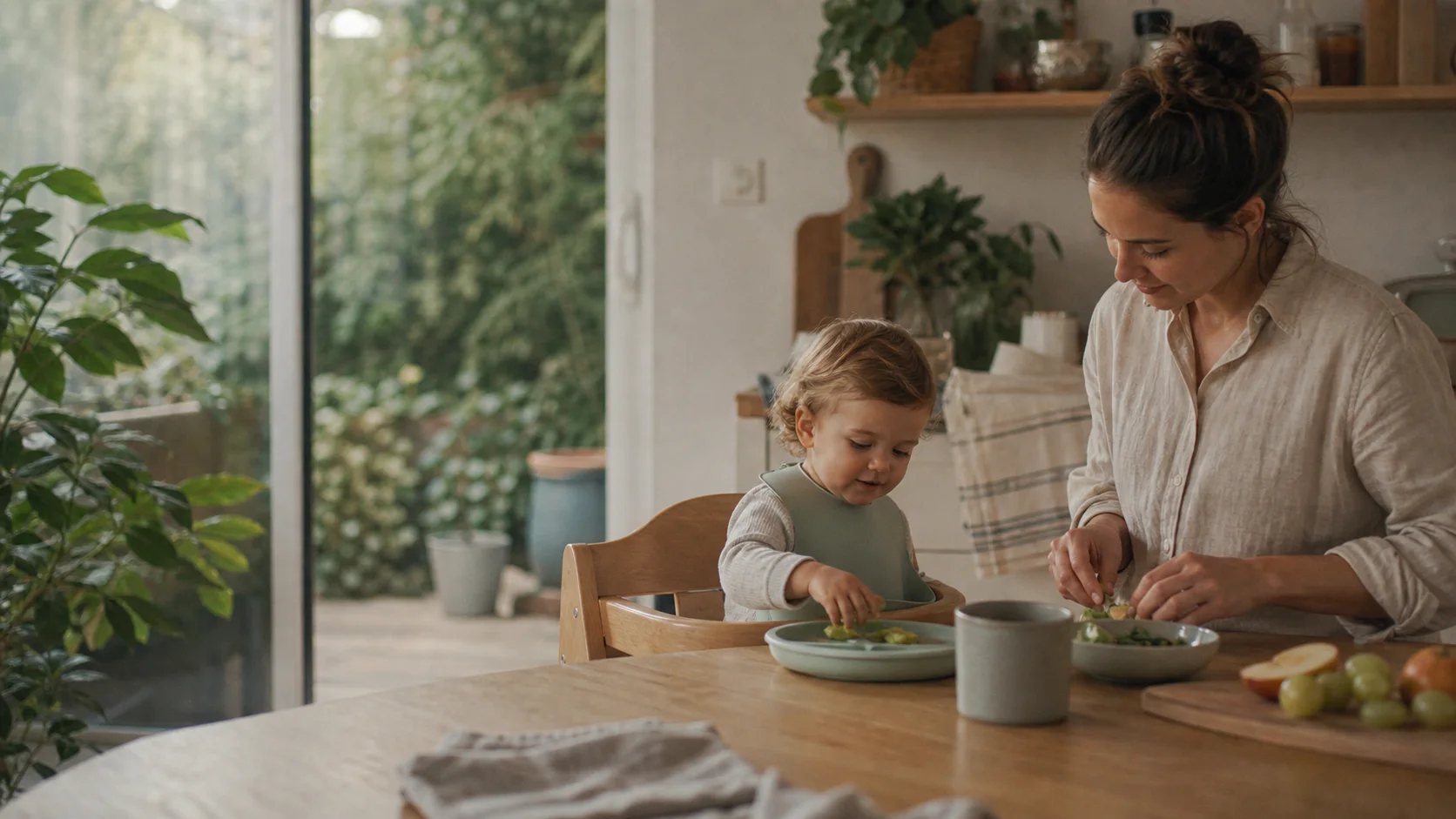Parent and toddler sharing first foods at a sunlit family table