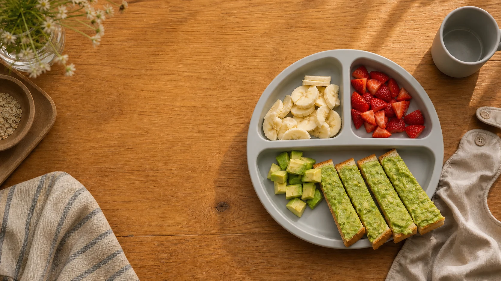 Elegant overhead plate of baby-safe first foods on a wooden table